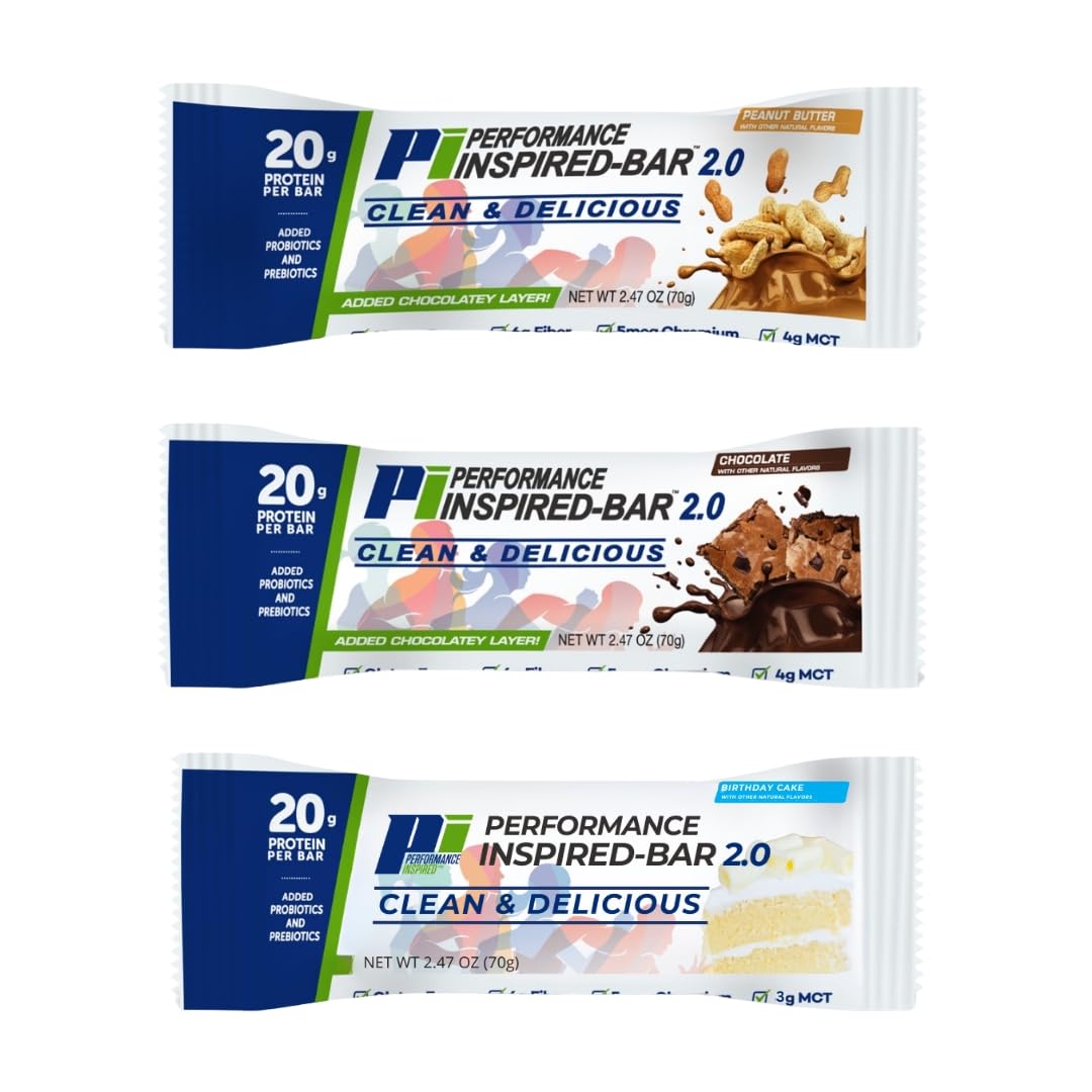 Performance Inspired Nutrition Protein Bar 2.0 - 20G Protein, 6G Fiber, 4G MCTs, Probiotics - Chocolate Flavor - 12 Bars