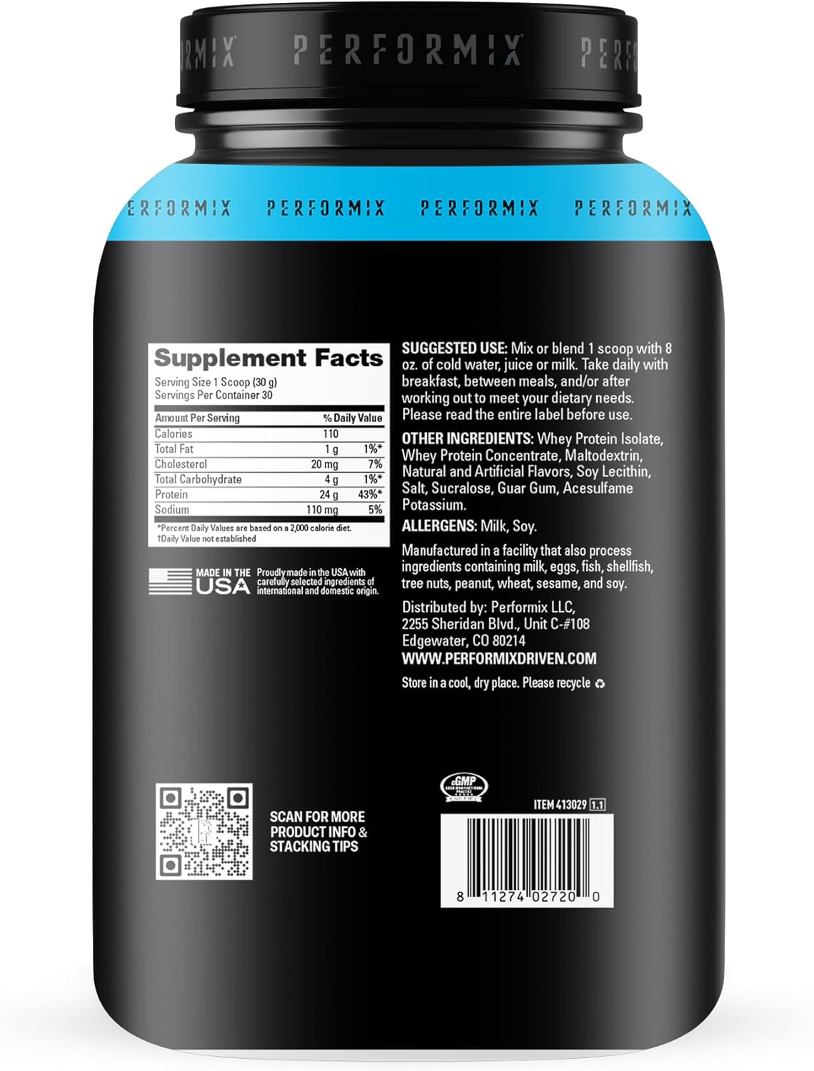 PERFORMIX Whey Protein Isolate Blend - 24g Protein, 5.4g BCAAs, 110 Calories - Muscle Building & Recovery - 100% Whey Powder - 1.98 lbs - 30 Servings