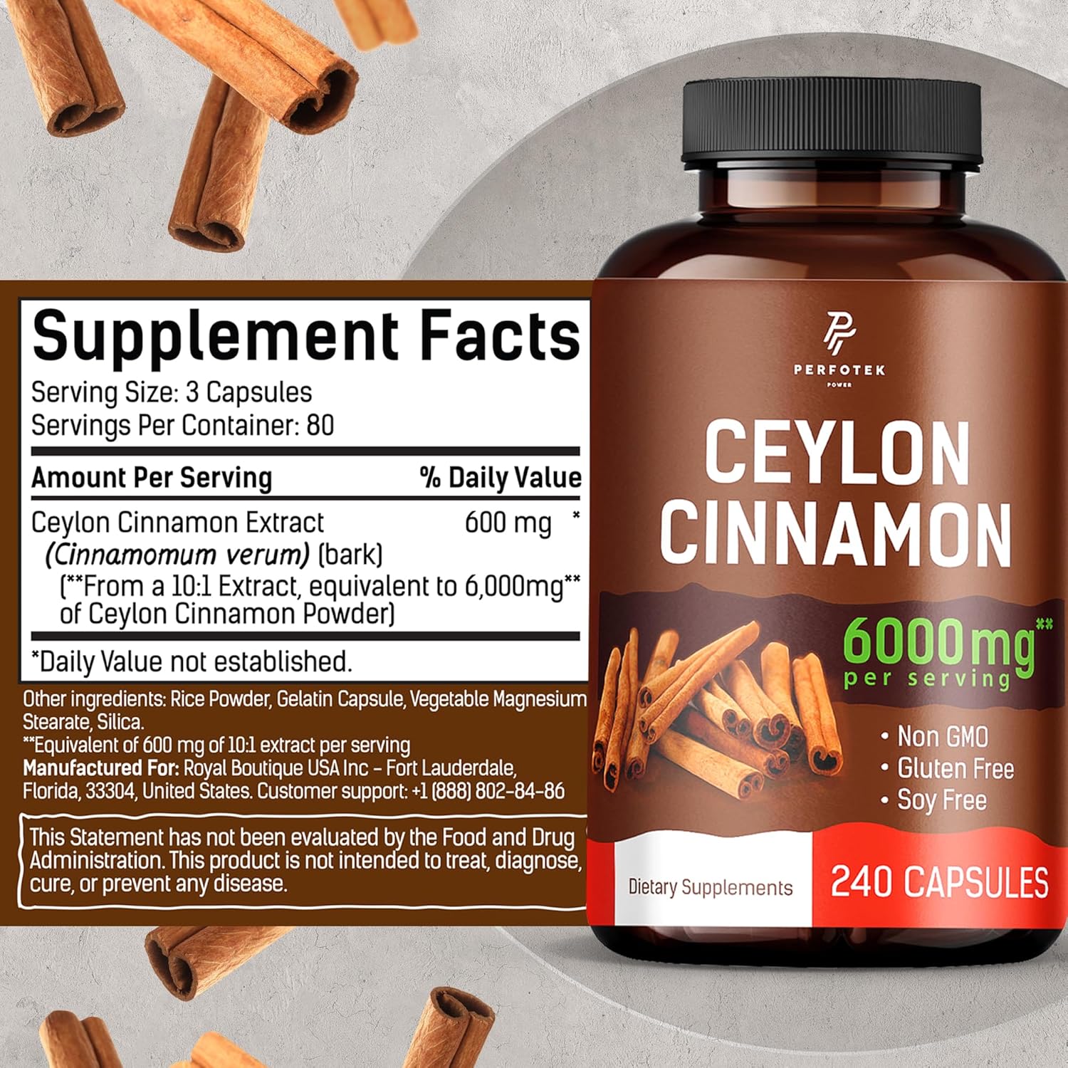 Perfotek Ceylon Cinnamon Capsules 240 Count - Joint & Antioxidant Support - Gluten Free, Non-GMO, Non Irradiated - 6000 mg - Keto & Vegan Friendly