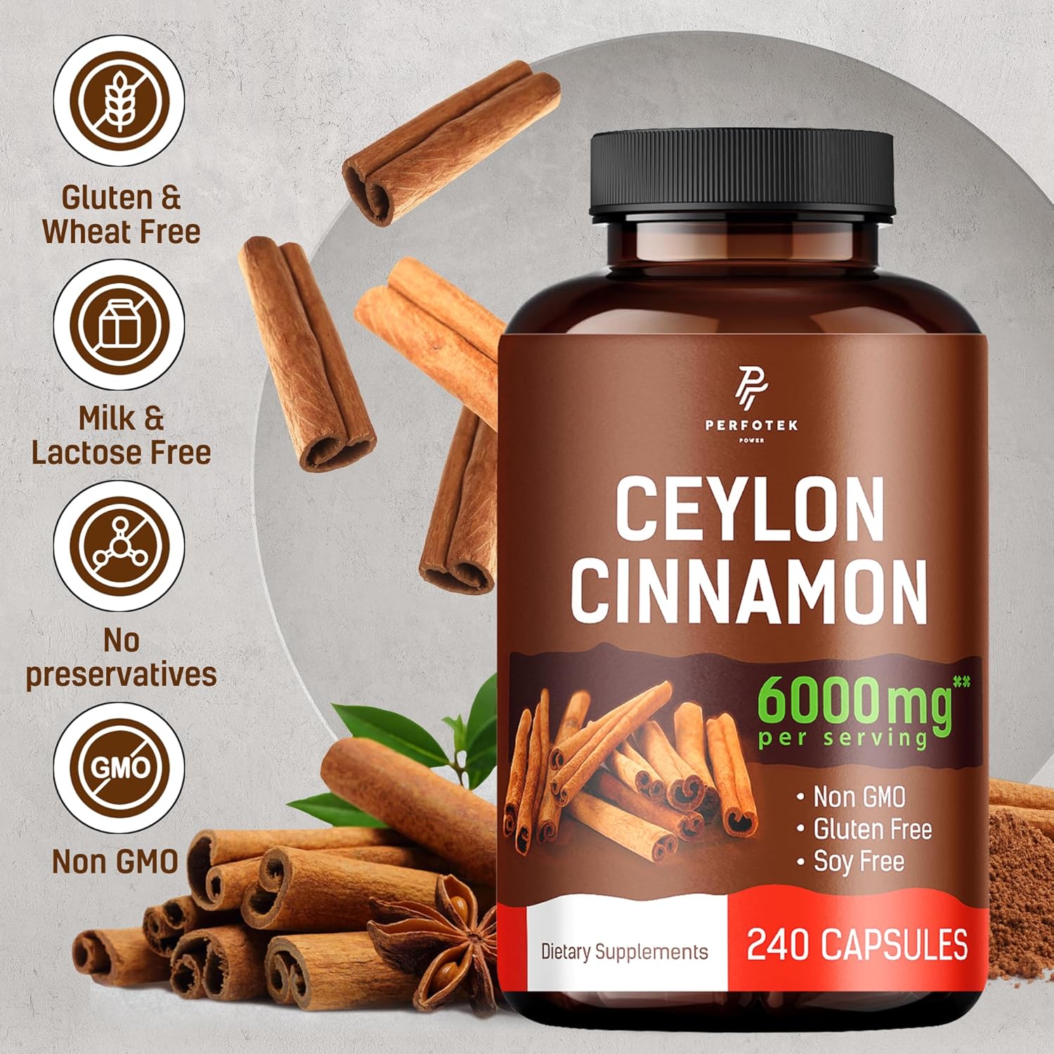 Perfotek Ceylon Cinnamon Capsules 240 Count - Joint & Antioxidant Support - Gluten Free, Non-GMO, Non Irradiated - 6000 mg - Keto & Vegan Friendly