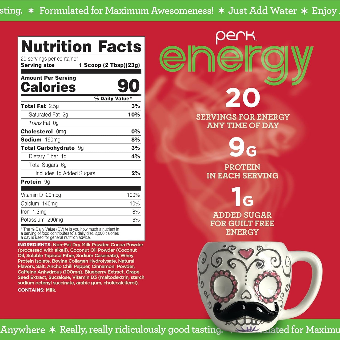 Perk Energy Mexican Hot Chocolate Drink Mix - 20 Servings, Gluten-Free Formula