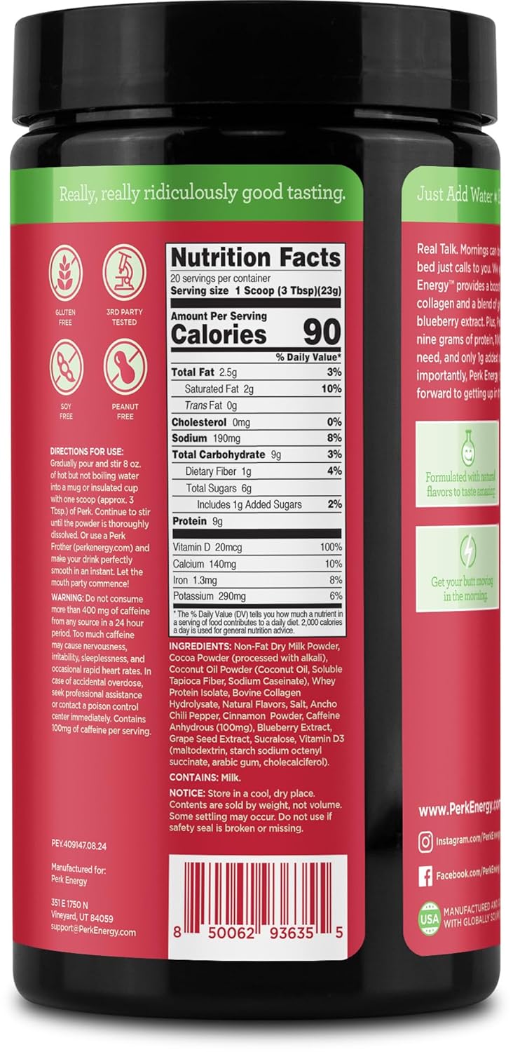 Perk Energy Mexican Hot Chocolate Drink Mix - 20 Servings, Gluten-Free Formula