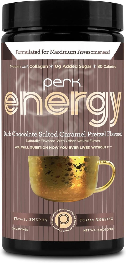 Perk Energy Original Dark Chocolate Salted Caramel Pretzel - 20 Servings, Gluten-Free, Soy-Free, Peanut-Free