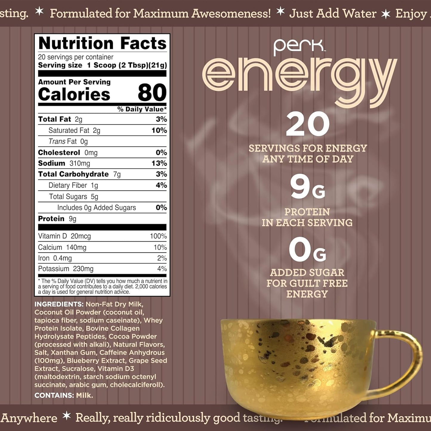 Perk Energy Original Dark Chocolate Salted Caramel Pretzel - 20 Servings, Gluten-Free, Soy-Free, Peanut-Free