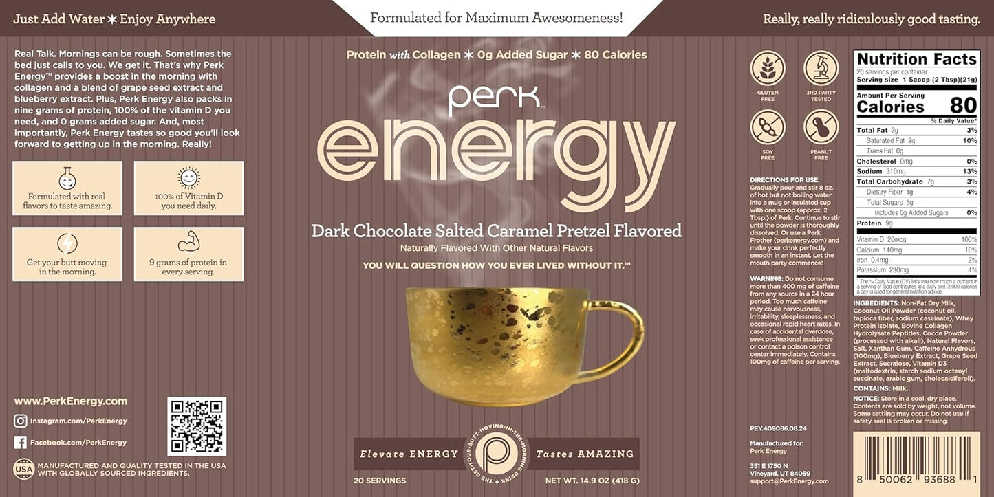 Perk Energy Original Dark Chocolate Salted Caramel Pretzel - 20 Servings, Gluten-Free, Soy-Free, Peanut-Free