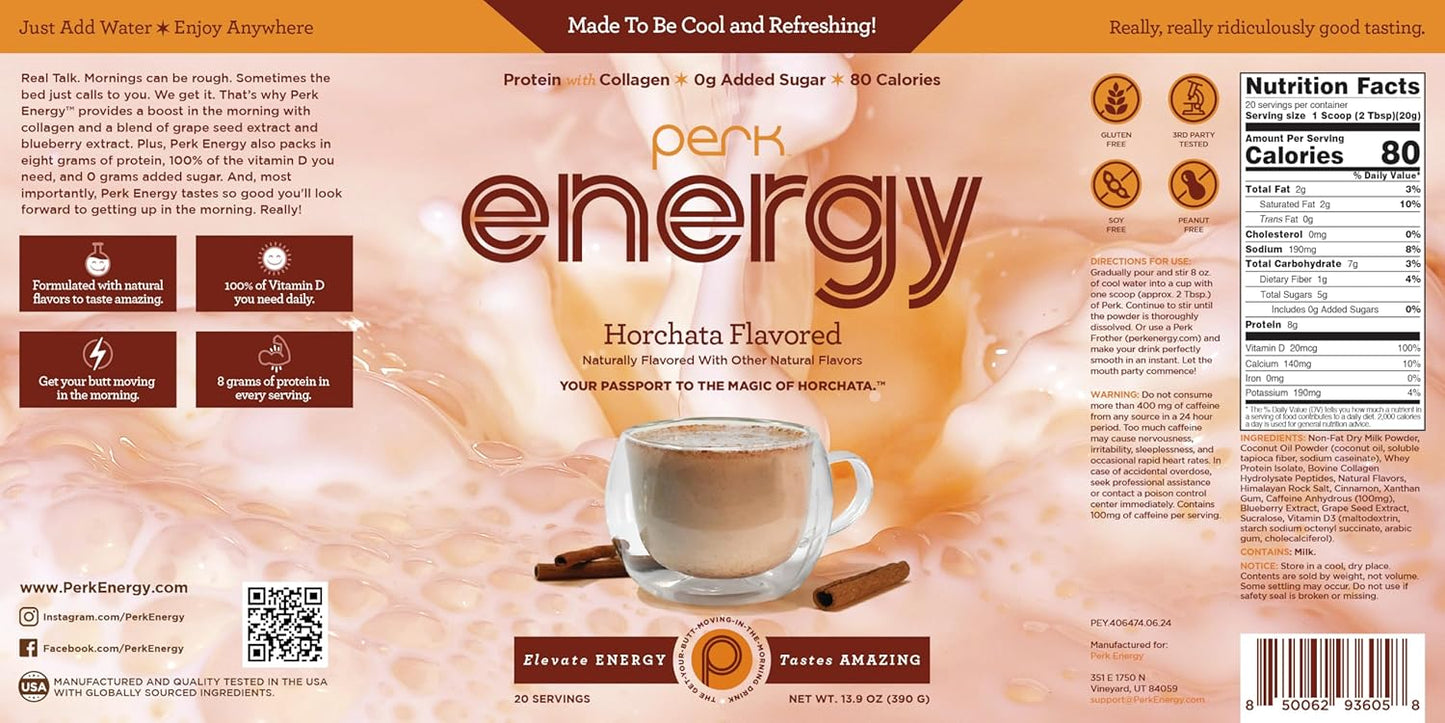 Perk Energy Original Horchata Powder - 20 Servings, Gluten-Free & Peanut-Free Energy Drink