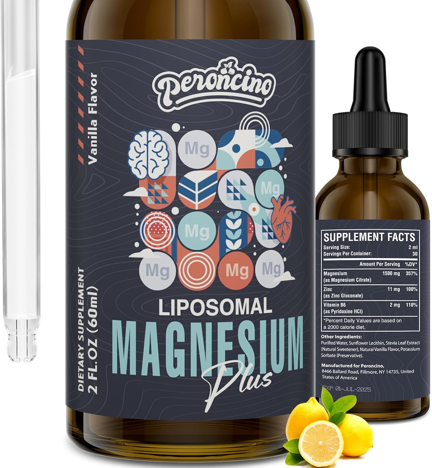 Peroncino Liposomal Magnesium Citrate Drops with Vitamin B6 and Zinc for Gut, Bone Health, Mood, Stress - 60ml