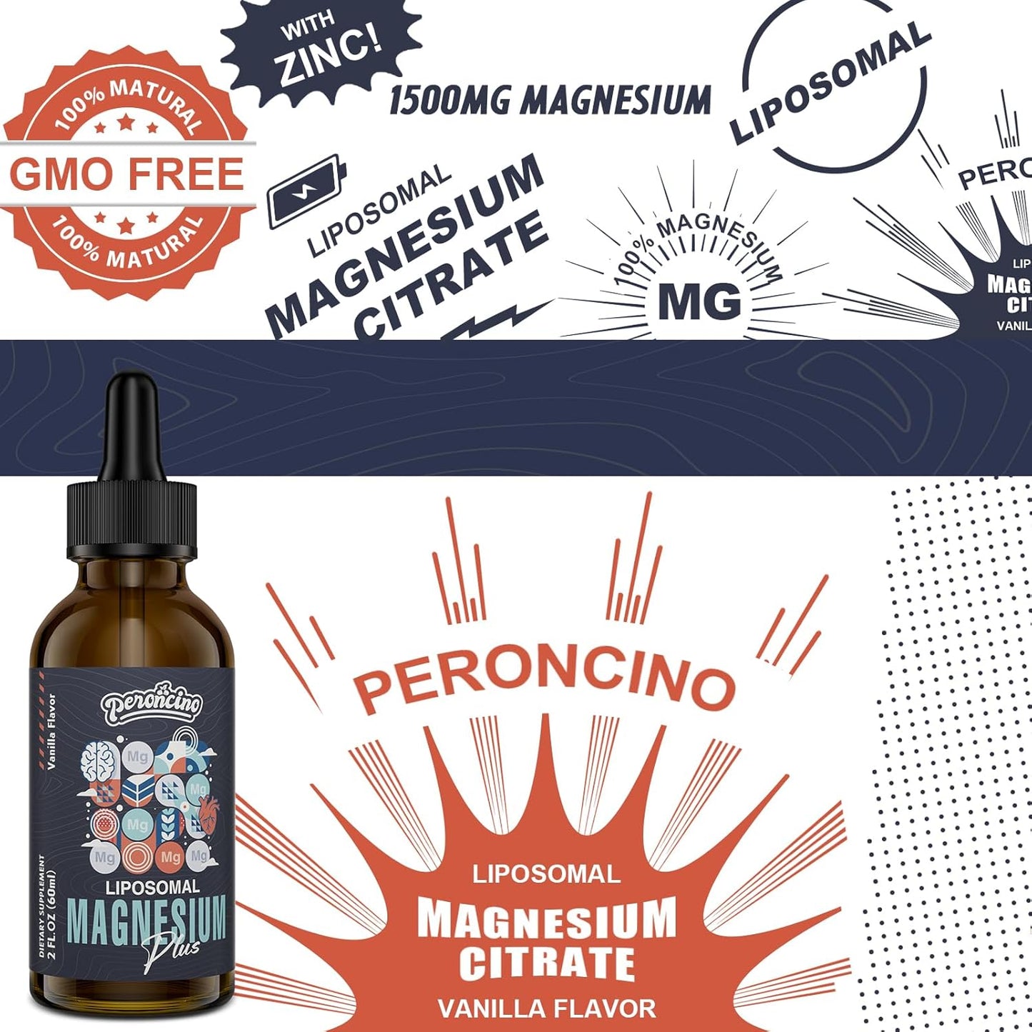 Peroncino Liposomal Magnesium Citrate Drops with Vitamin B6 and Zinc for Gut, Bone Health, Mood, Stress - 60ml