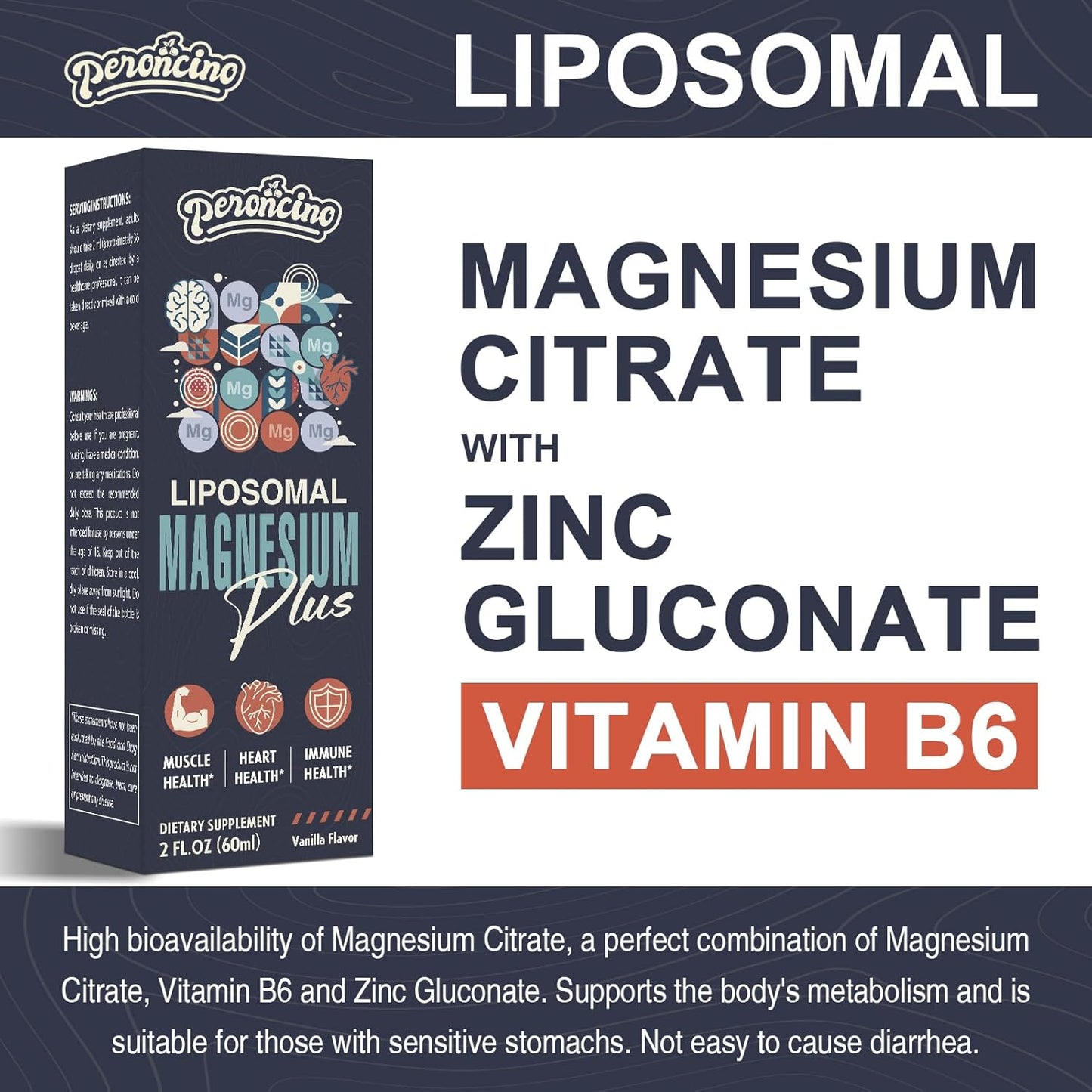 Peroncino Liposomal Magnesium Citrate Drops with Vitamin B6 and Zinc for Gut, Bone Health, Mood, Stress - 60ml