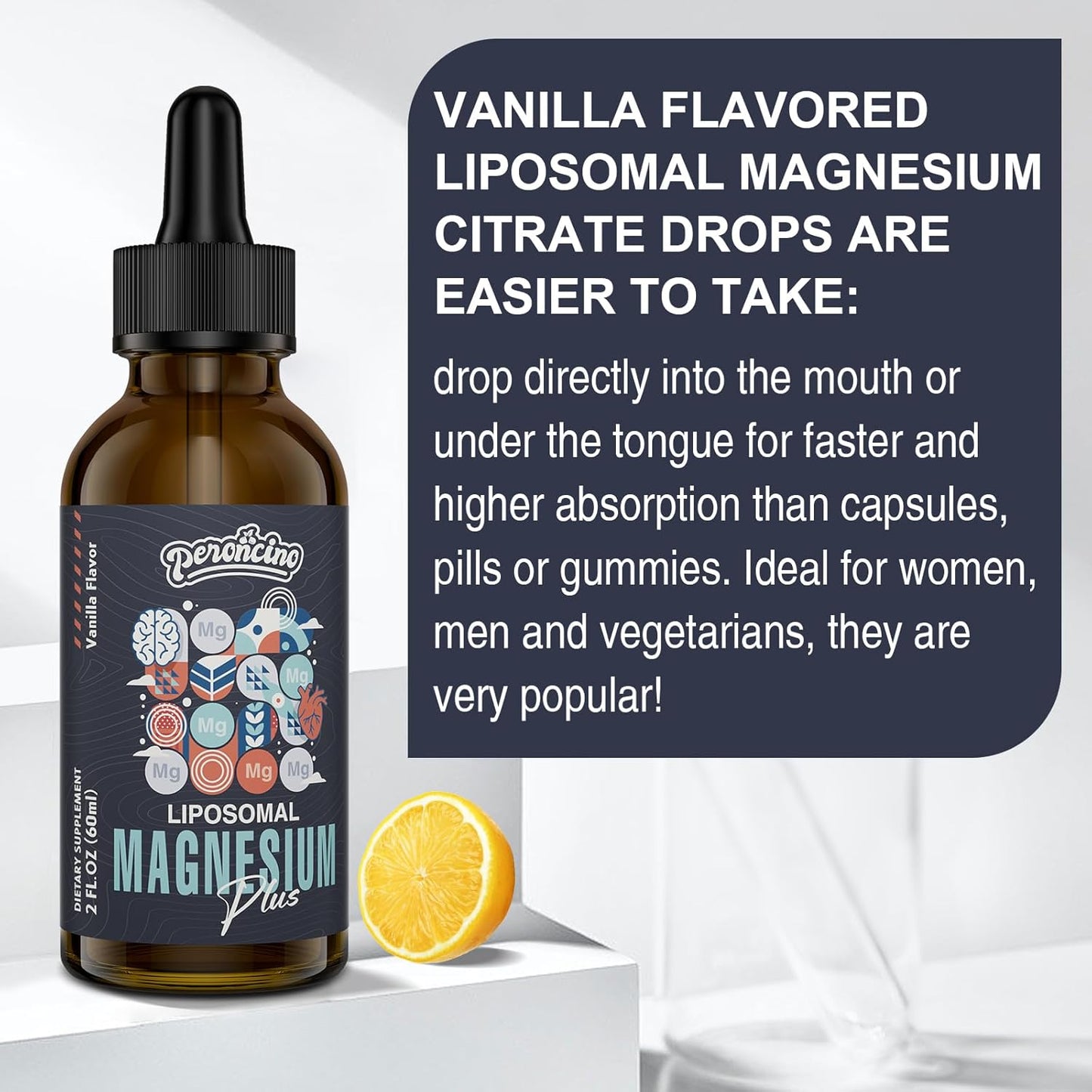 Peroncino Liposomal Magnesium Citrate Drops with Vitamin B6 and Zinc for Gut, Bone Health, Mood, Stress - 60ml