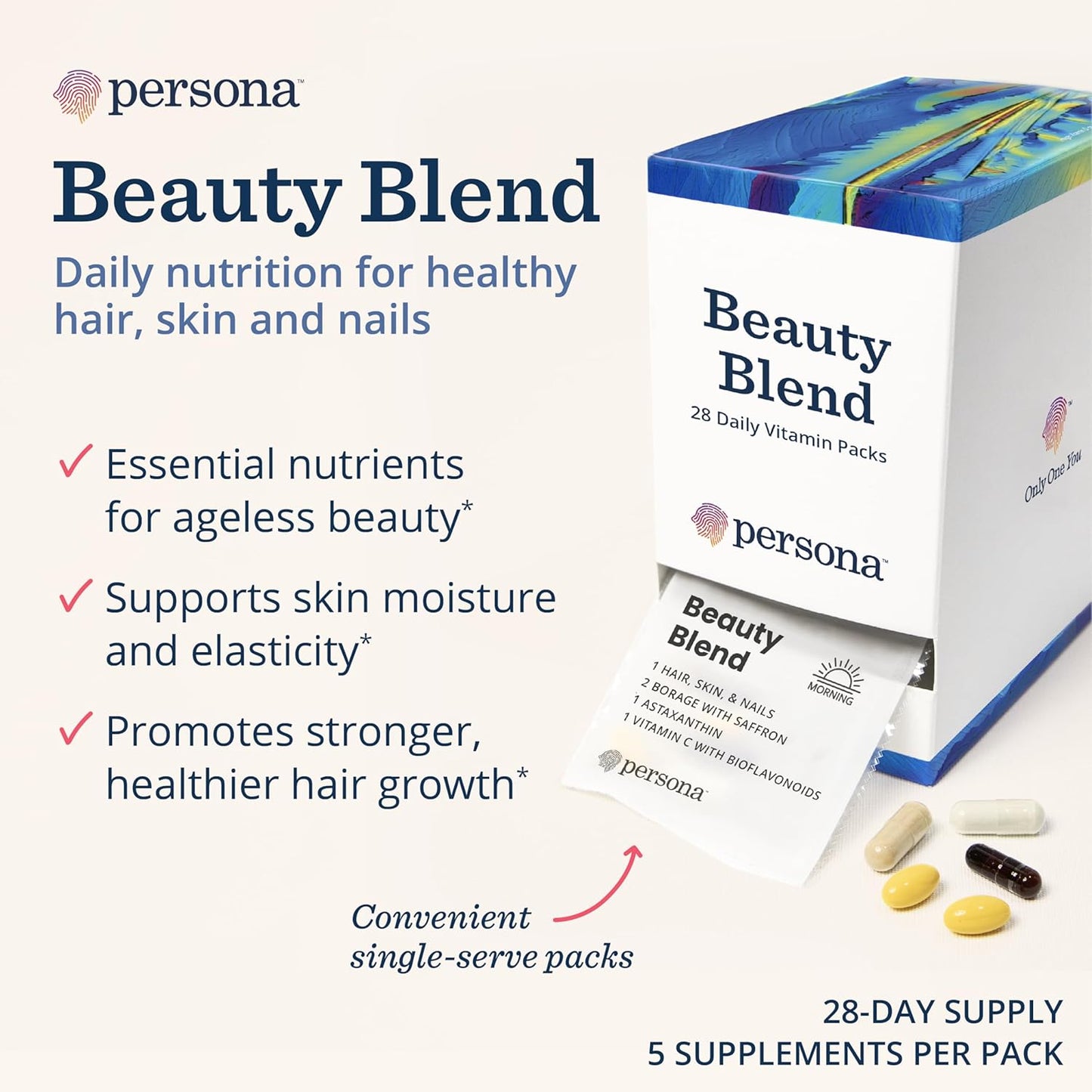Persona Nutrition Beauty Blend Vitamin Pack with Hyaluronic Acid, Collagen, Borage, Saffron, Vitamin C - 28 Pack for Hair, Skin, Nails