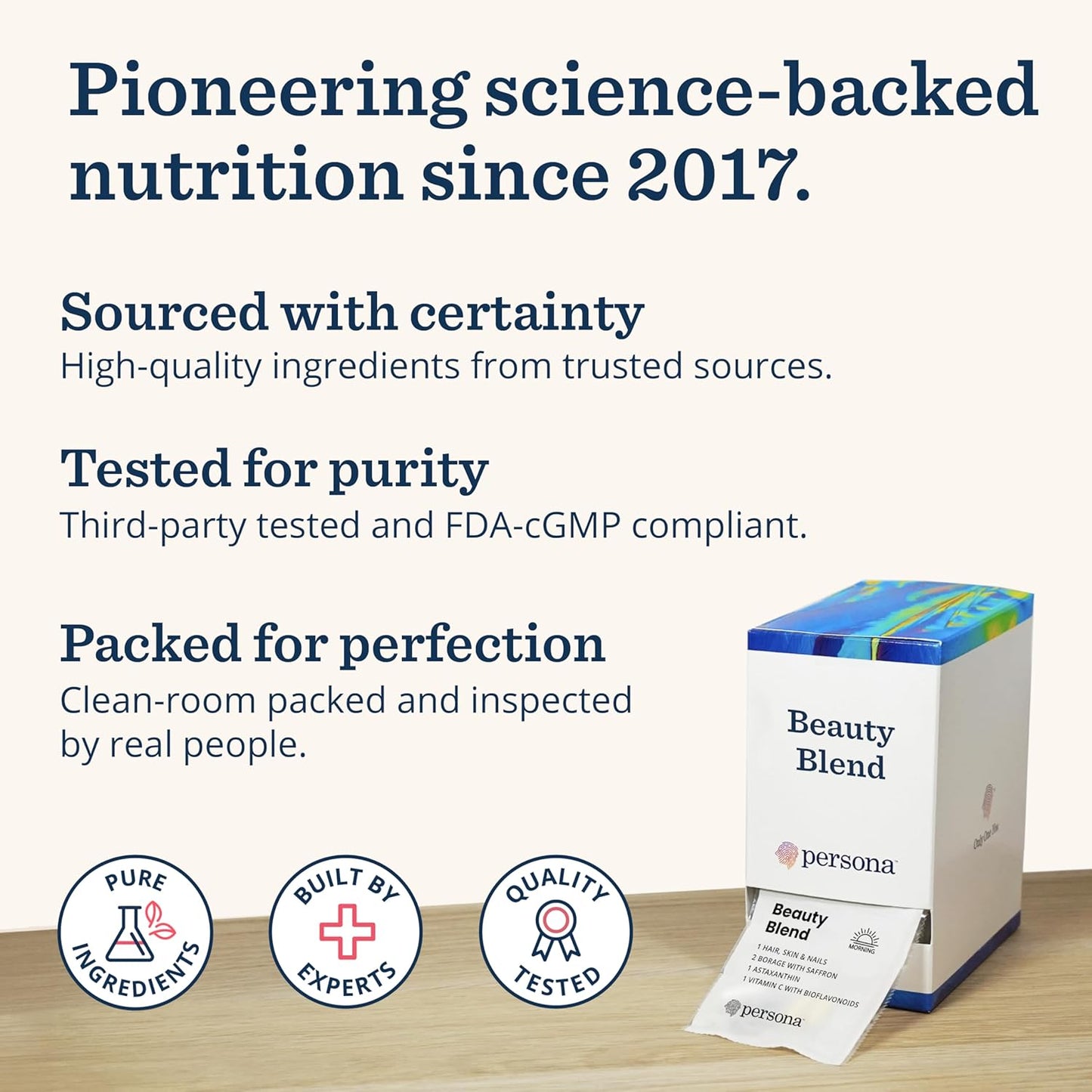 Persona Nutrition Beauty Blend Vitamin Pack with Hyaluronic Acid, Collagen, Borage, Saffron, Vitamin C - 28 Pack for Hair, Skin, Nails