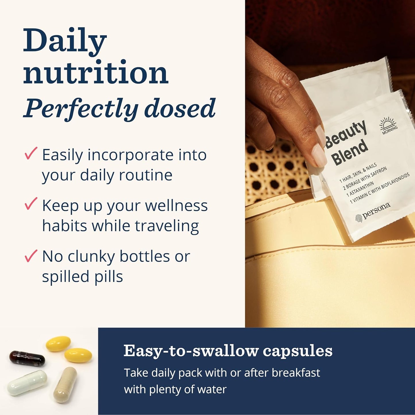 Persona Nutrition Beauty Blend Vitamin Pack with Hyaluronic Acid, Collagen, Borage, Saffron, Vitamin C - 28 Pack for Hair, Skin, Nails