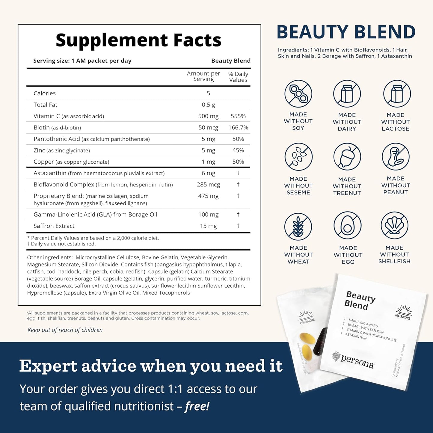 Persona Nutrition Beauty Blend Vitamin Pack with Hyaluronic Acid, Collagen, Borage, Saffron, Vitamin C - 28 Pack for Hair, Skin, Nails