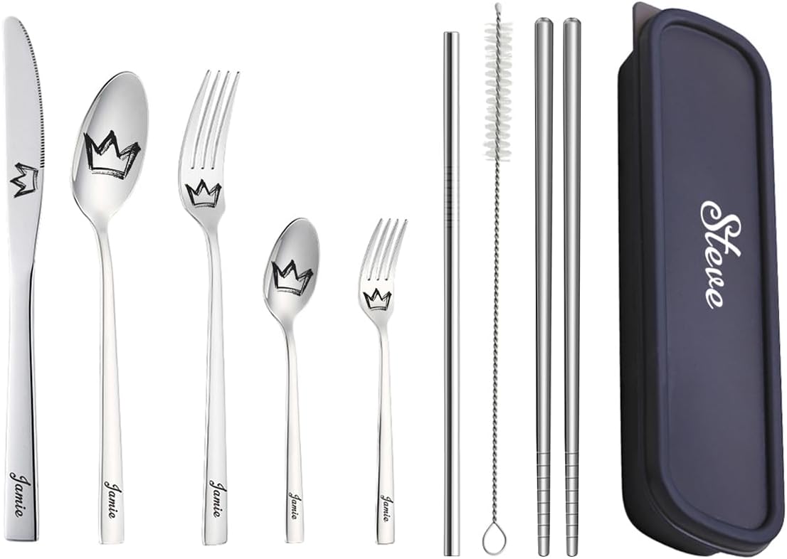 Personalized Stainless Steel Travel Cutlery Set with Case - Custom Engraved Reusable Utensils for Camping, Work, Picnics
