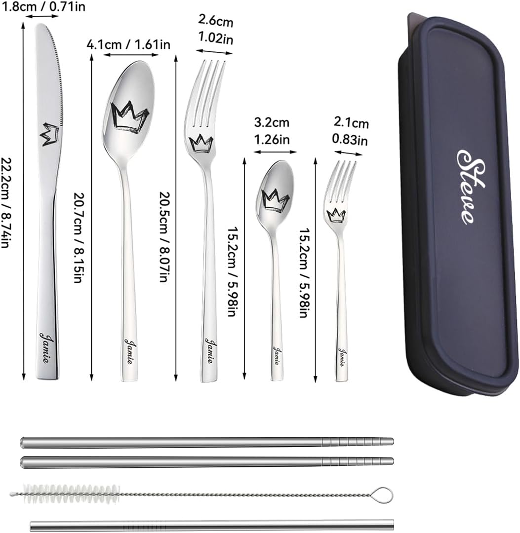 Personalized Stainless Steel Travel Cutlery Set with Case - Custom Engraved Reusable Utensils for Camping, Work, Picnics