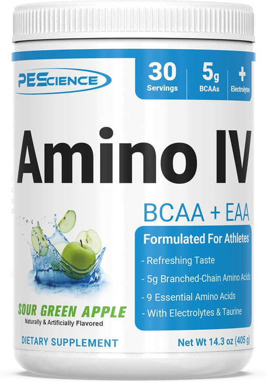 PEScience Amino IV Sour Green Apple BCAA & EAA Powder 60 Scoop with Electrolytes