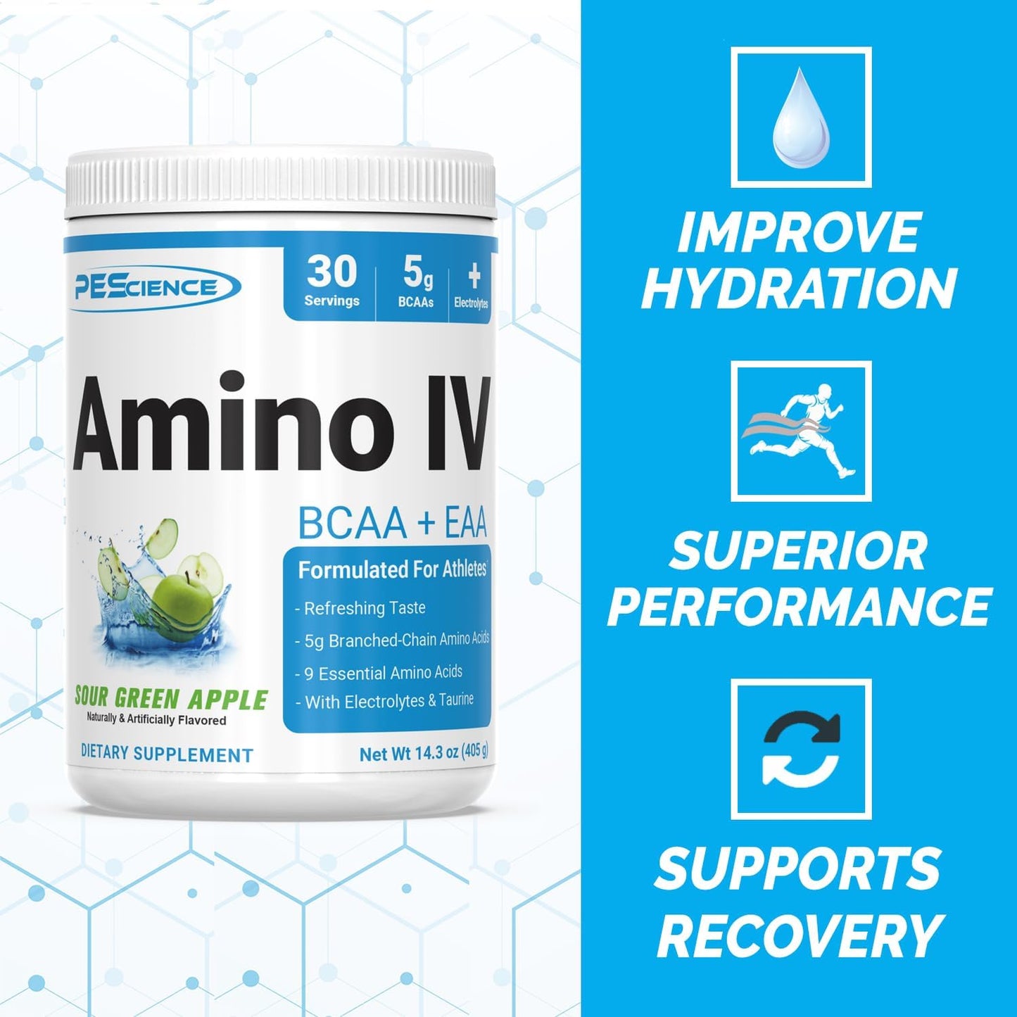 PEScience Amino IV Sour Green Apple BCAA & EAA Powder 60 Scoop with Electrolytes