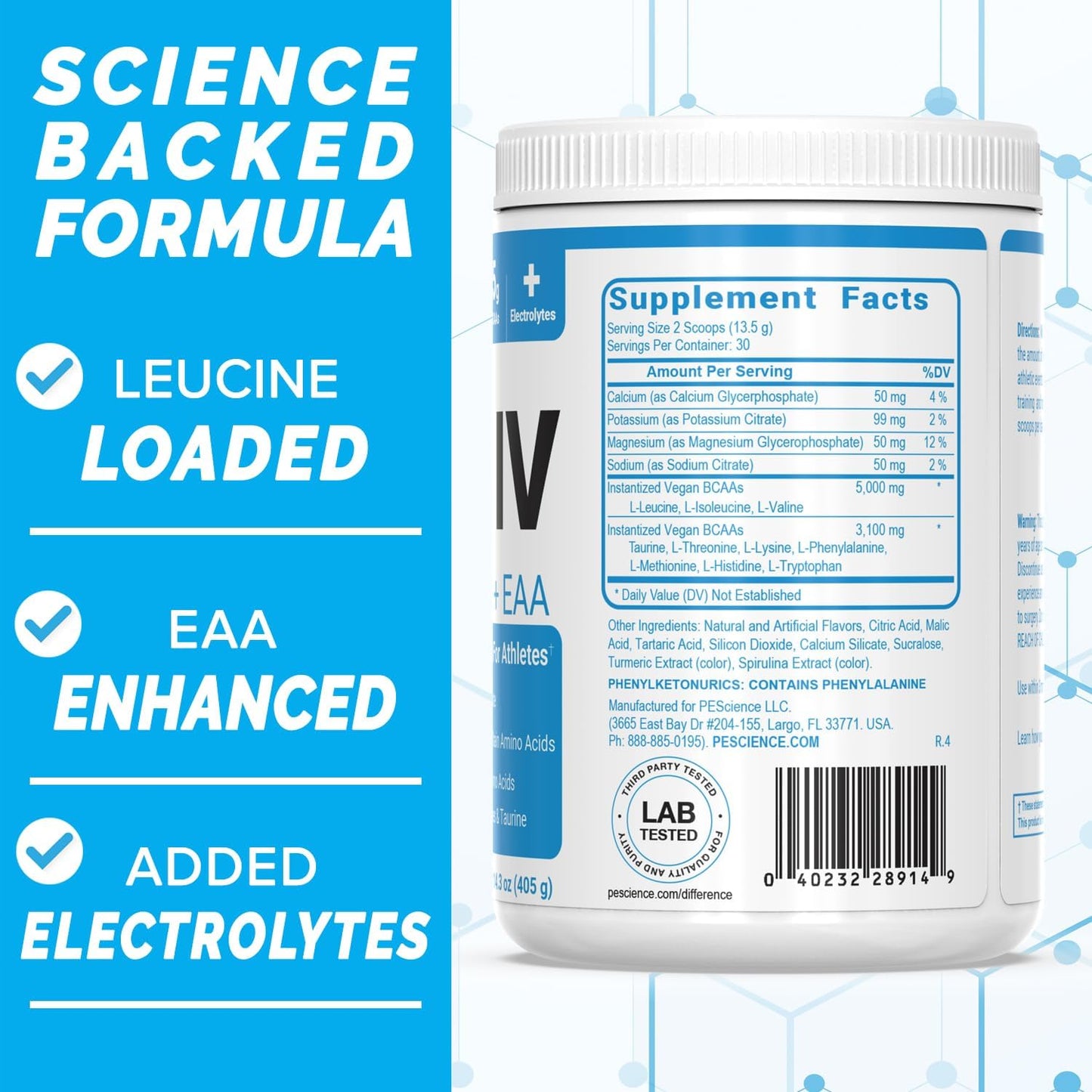 PEScience Amino IV Sour Green Apple BCAA & EAA Powder 60 Scoop with Electrolytes