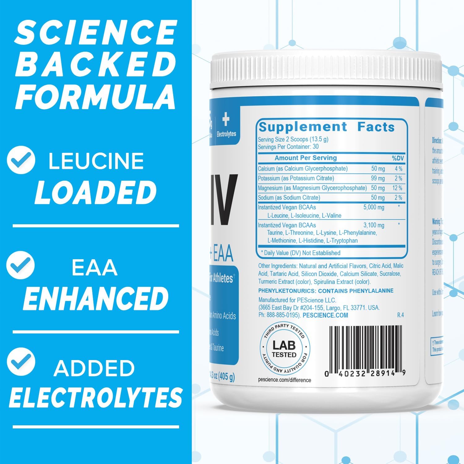 PEScience Amino IV Sour Green Apple BCAA & EAA Powder 60 Scoop with Electrolytes