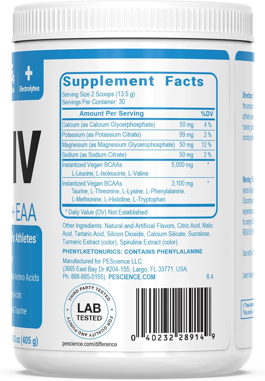 PEScience Amino IV Sour Green Apple BCAA & EAA Powder 60 Scoop with Electrolytes