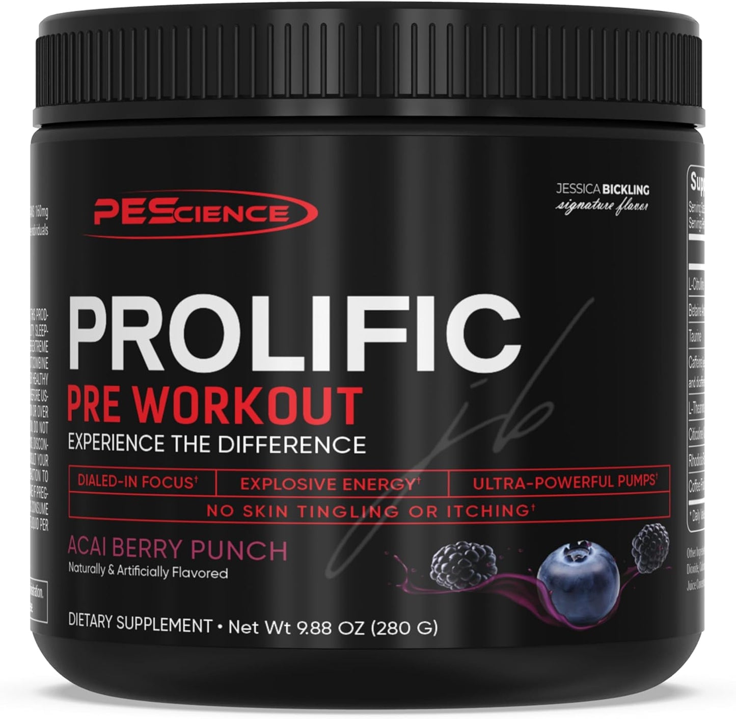 PEScience Prolific Acai Berry Punch Pre Workout Powder - 40 Scoops, Energy Supplement with Nitric Oxide Boost