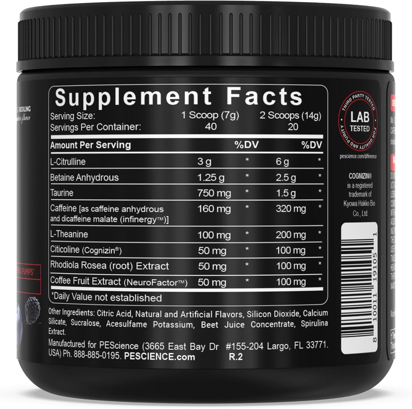 PEScience Prolific Acai Berry Punch Pre Workout Powder - 40 Scoops, Energy Supplement with Nitric Oxide Boost