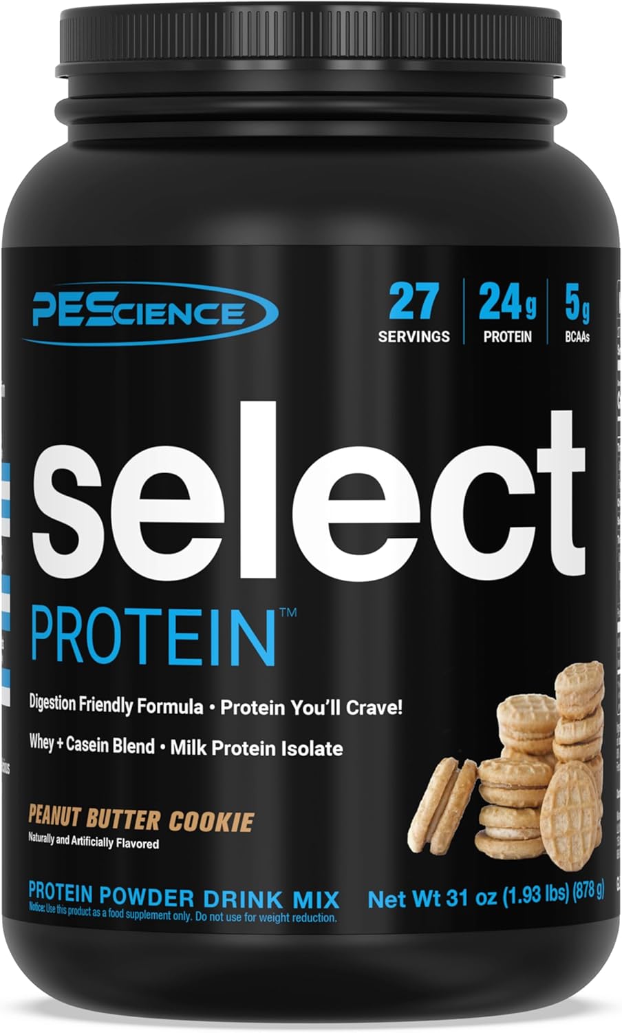 PEScience Select Protein, Peanut Butter Cookie Flavor, 27 Servings, Whey and Casein Blend, 31 oz Jar