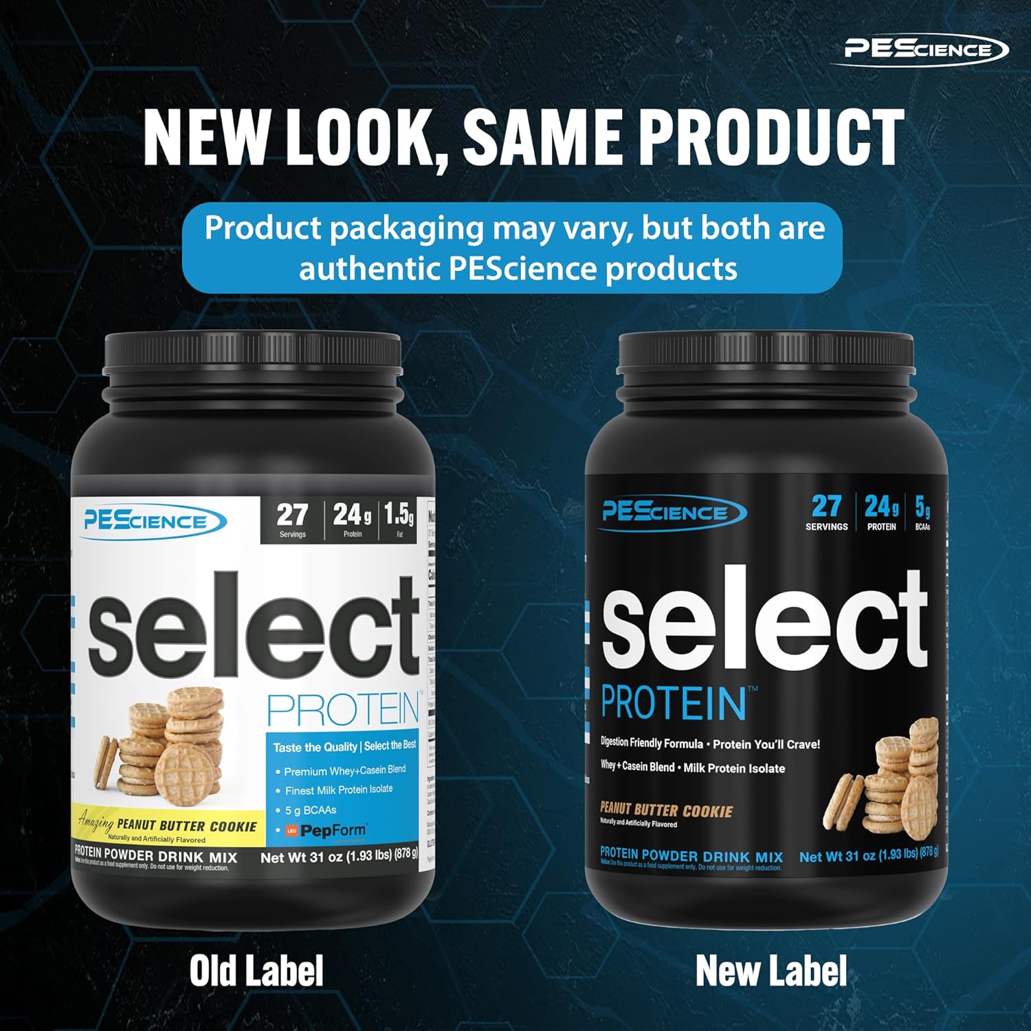 PEScience Select Protein, Peanut Butter Cookie Flavor, 27 Servings, Whey and Casein Blend, 31 oz Jar