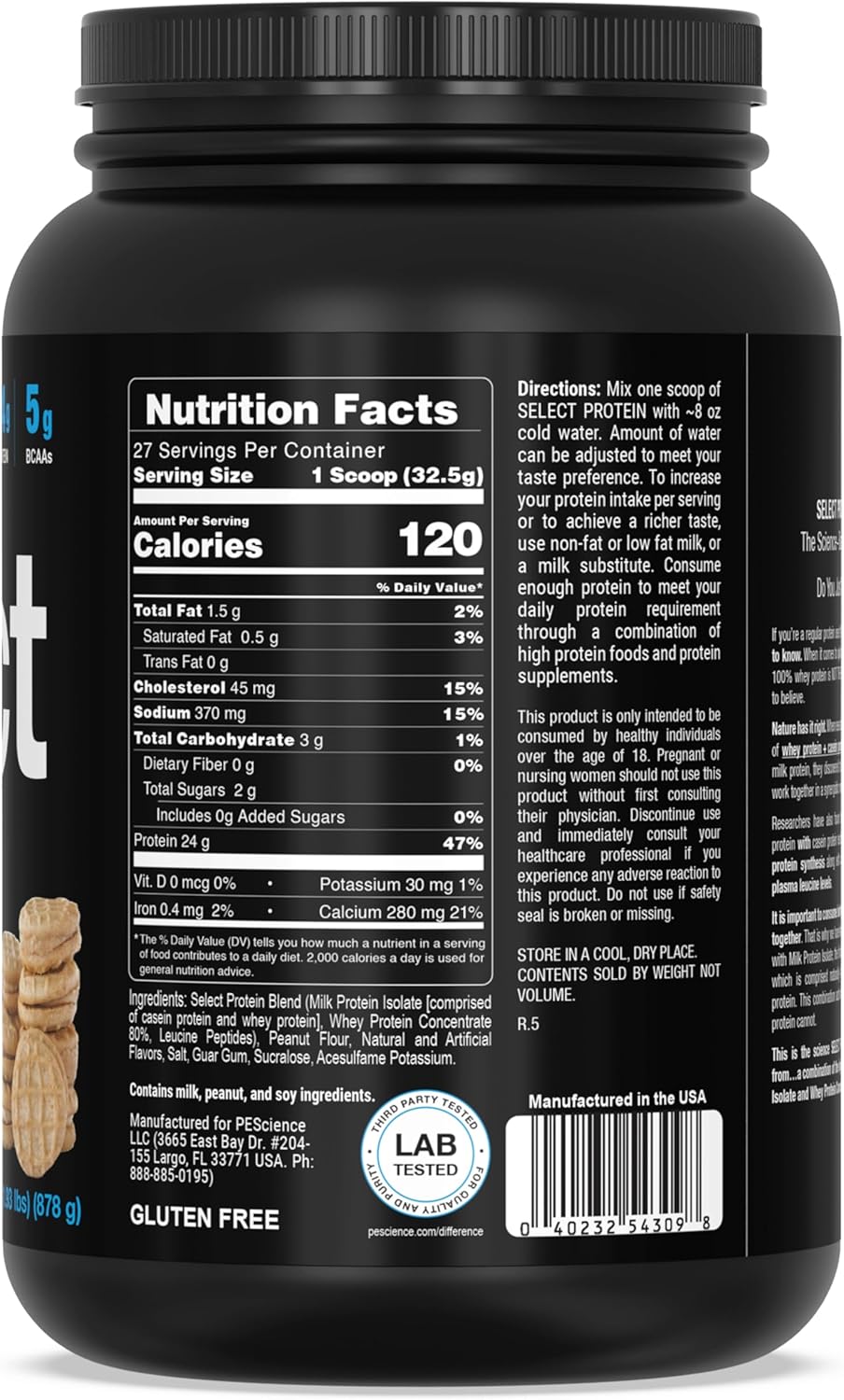 PEScience Select Protein, Peanut Butter Cookie Flavor, 27 Servings, Whey and Casein Blend, 31 oz Jar