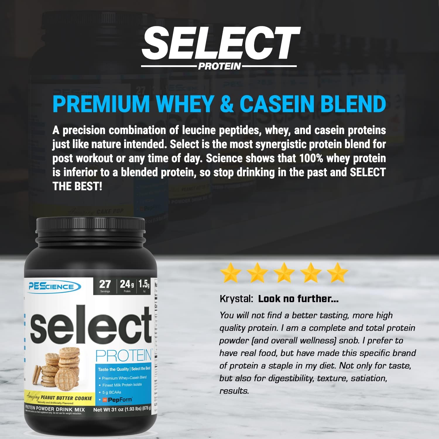 PEScience Select Protein, Peanut Butter Cookie Flavor, 27 Servings, Whey and Casein Blend, 31 oz Jar