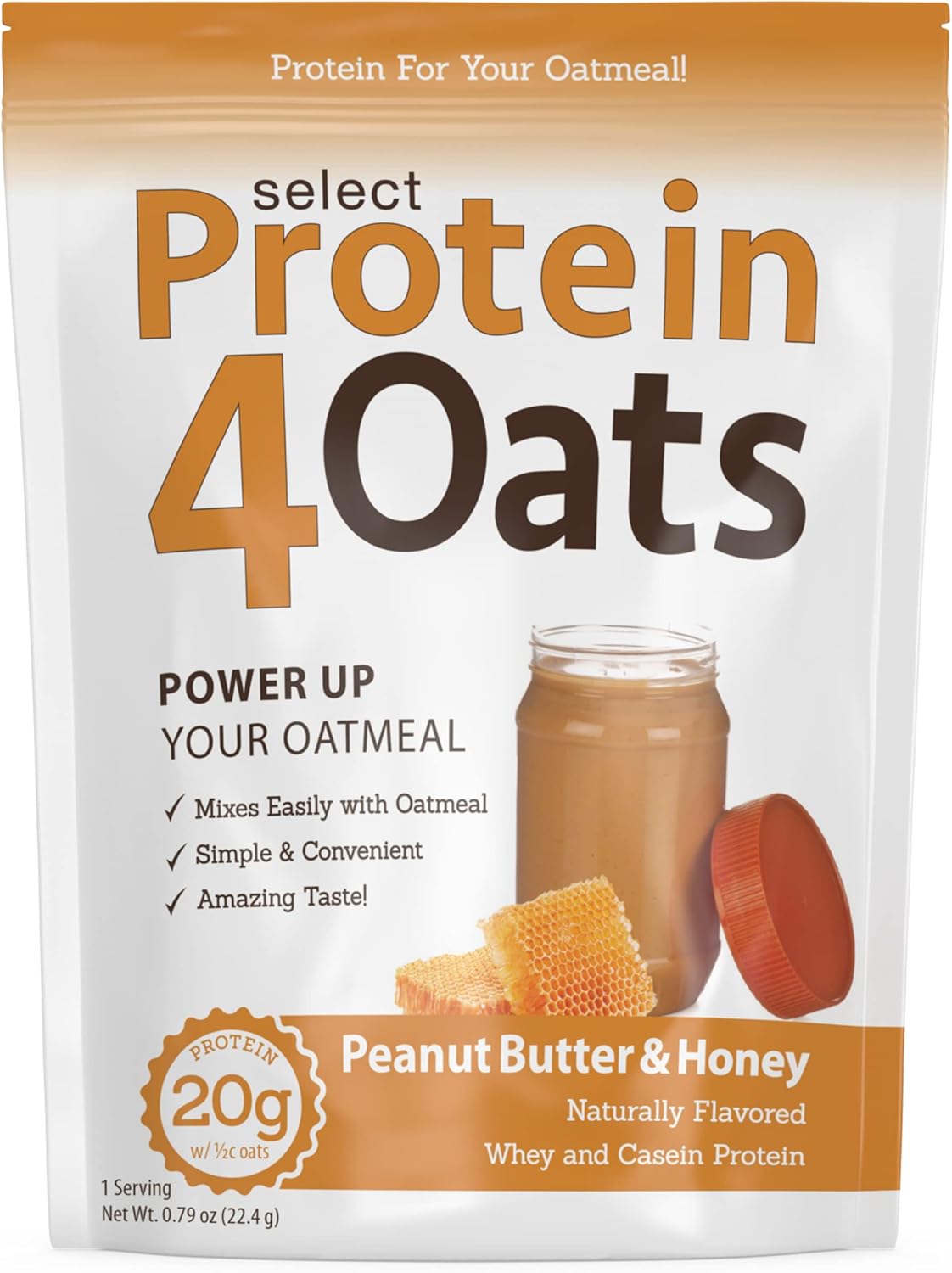 PEScience Select Protein4Oats, Peanut Butter and Honey, 12 Servings, Whey and Casein Blend for Oats