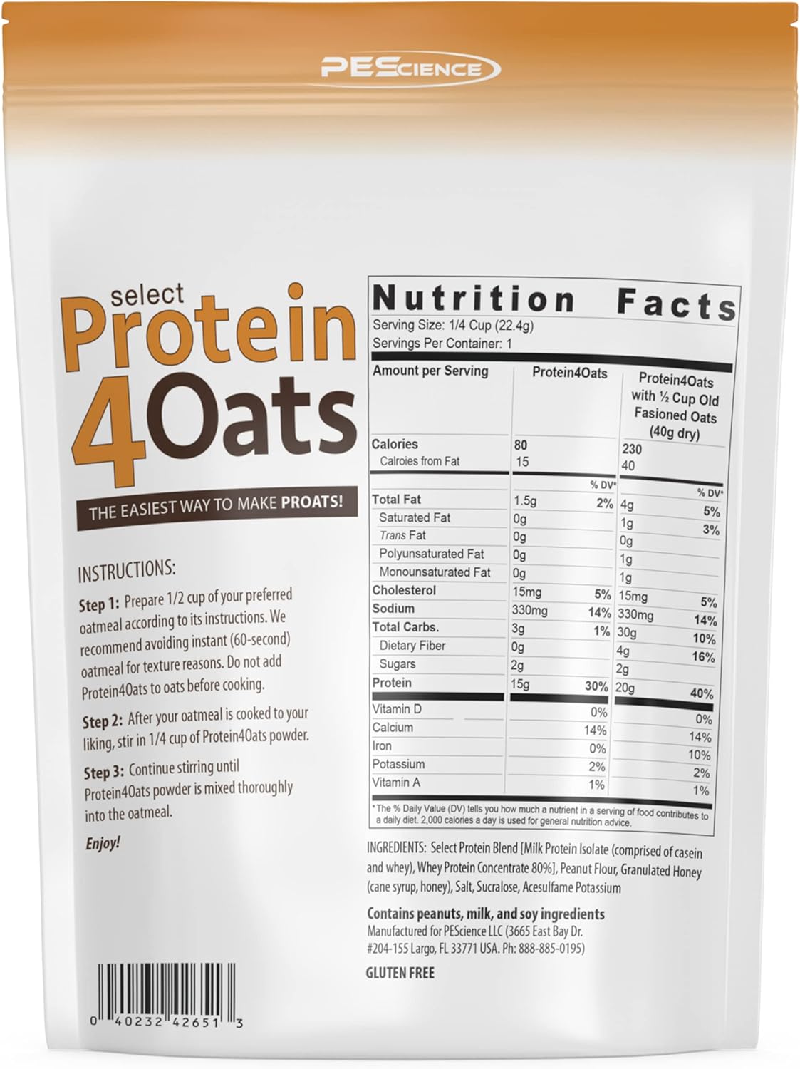PEScience Select Protein4Oats, Peanut Butter and Honey, 12 Servings, Whey and Casein Blend for Oats