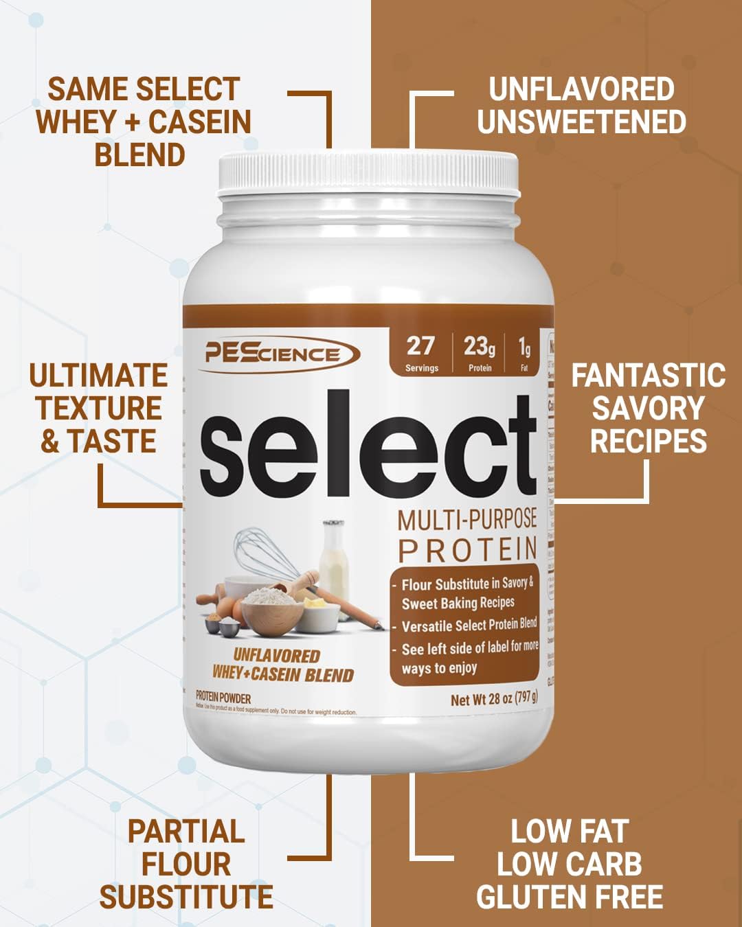 PEScience Select Unflavored Protein Powder - Multi-Purpose, 27 Servings, Low Carb, Keto & Gluten Free