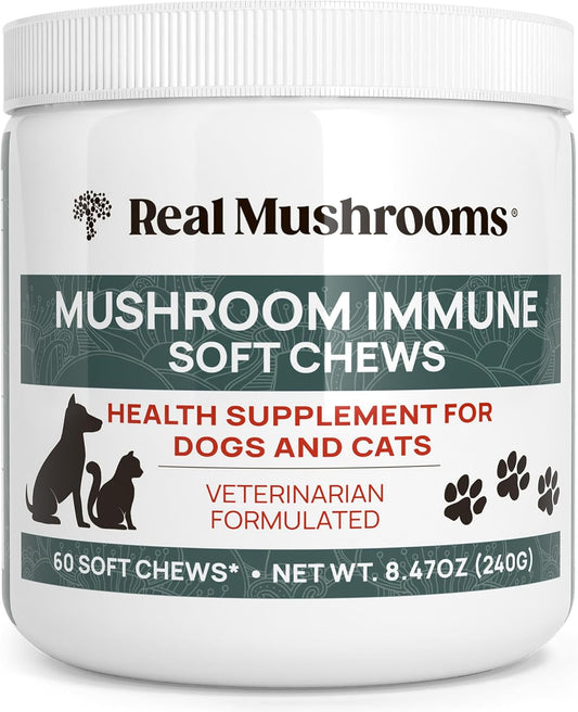 Pet Chews with Real Mushrooms for Immune Support - 60ct Supplements for Dogs and Cats with Ashwagandha, Astragalus, Blueberry, Olive Leaf, and Acerola for Gut Health