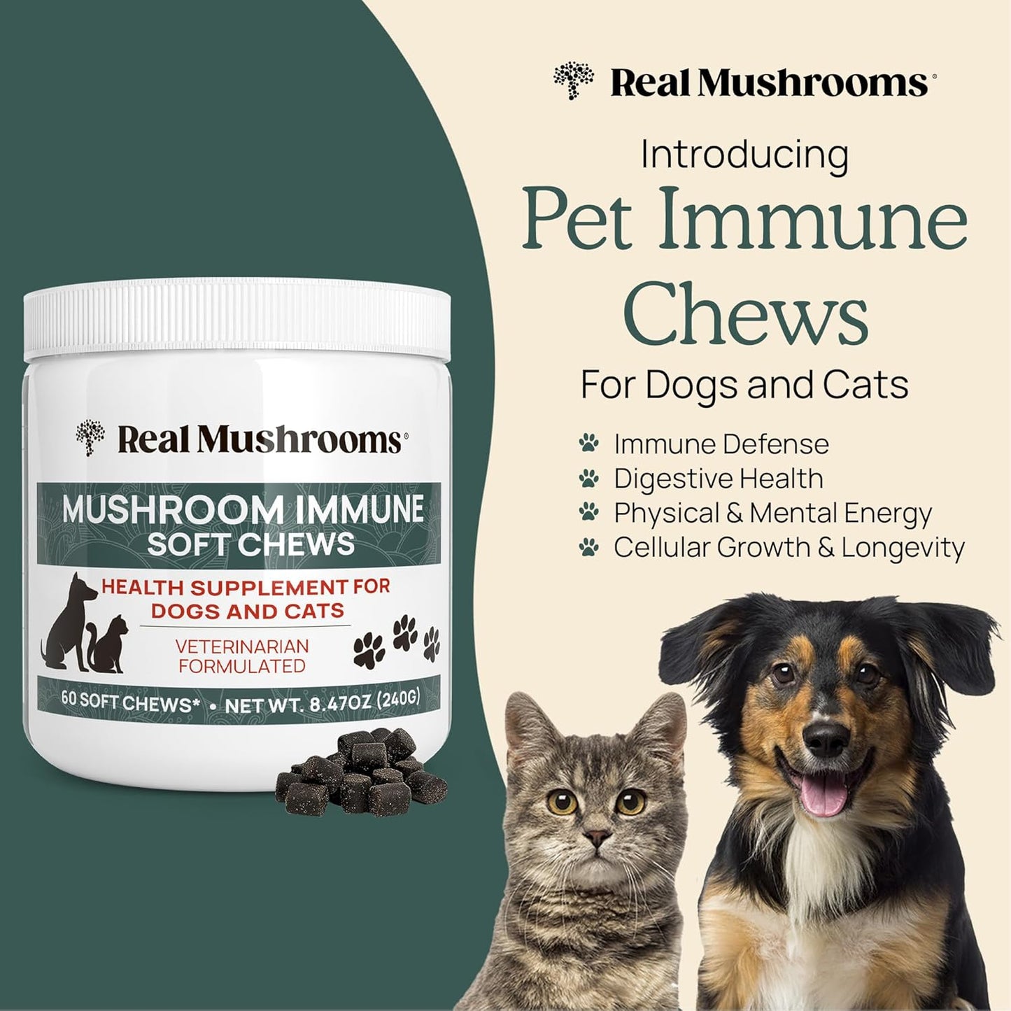 Pet Chews with Real Mushrooms for Immune Support - 60ct Supplements for Dogs and Cats with Ashwagandha, Astragalus, Blueberry, Olive Leaf, and Acerola for Gut Health