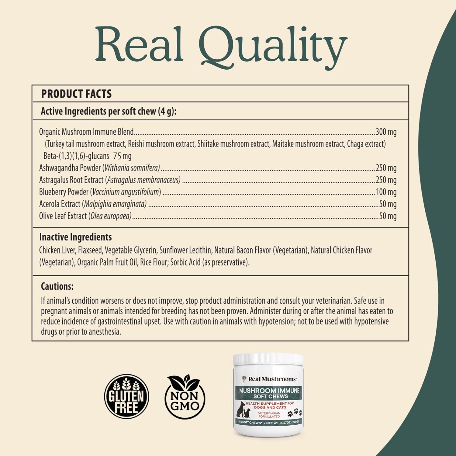 Pet Chews with Real Mushrooms for Immune Support - 60ct Supplements for Dogs and Cats with Ashwagandha, Astragalus, Blueberry, Olive Leaf, and Acerola for Gut Health