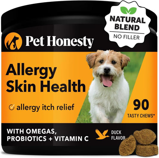 Pet Honesty Allergy Skin Health Soft Chews - Itch Relief, Fish Oil, Probiotics for Dogs, Shiny Coats, Reduce Shedding - 90 Ct (Duck)