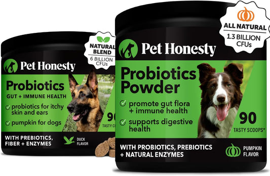 Pet Honesty Probiotics Bundle: Digestive Enzymes for Dog Gut Health - Duck Flavored Chews and Powder for Diarrhea and Bowel Support (90 ct)