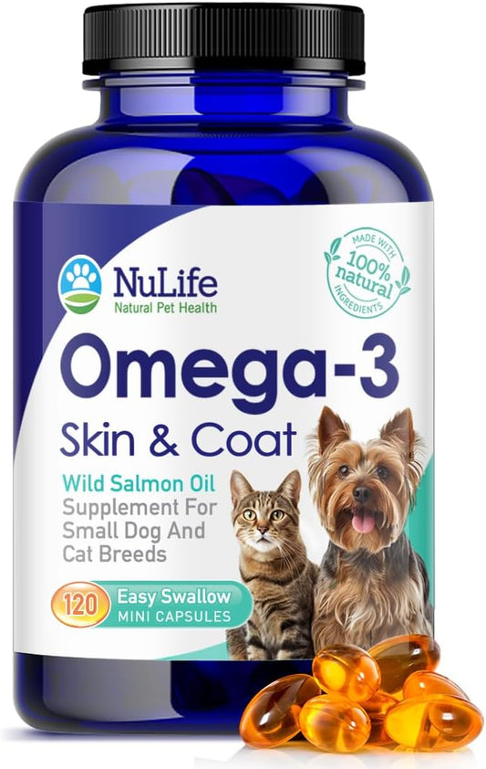 Pet Omega 3 Fish Oil Supplement for Small Dogs & Cats - Natural DHA & EPA Fatty Acids - Healthy Skin & Coat - Reduces Shedding - 500mg - 120 Capsules