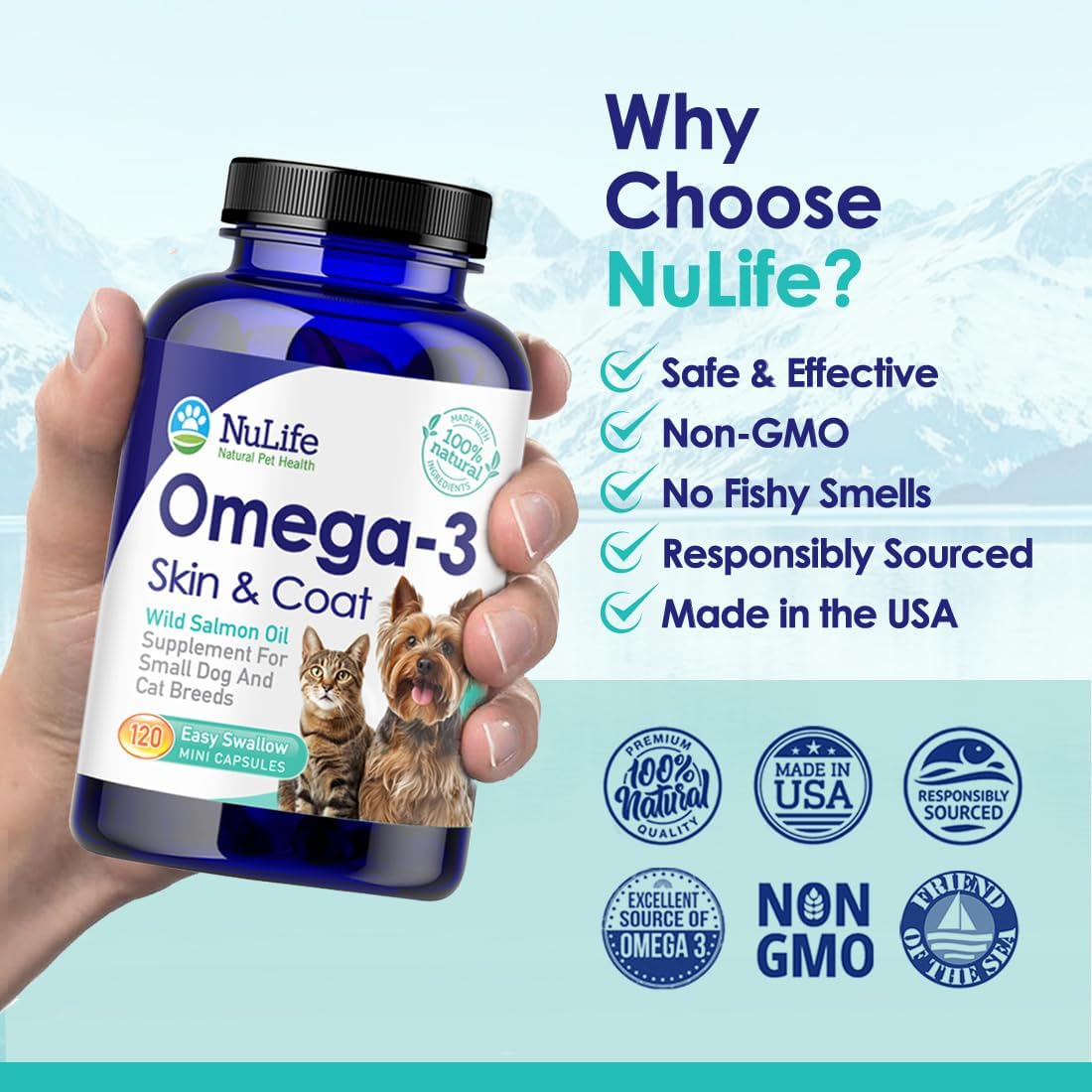 Pet Omega 3 Fish Oil Supplement for Small Dogs & Cats - Natural DHA & EPA Fatty Acids - Healthy Skin & Coat - Reduces Shedding - 500mg - 120 Capsules