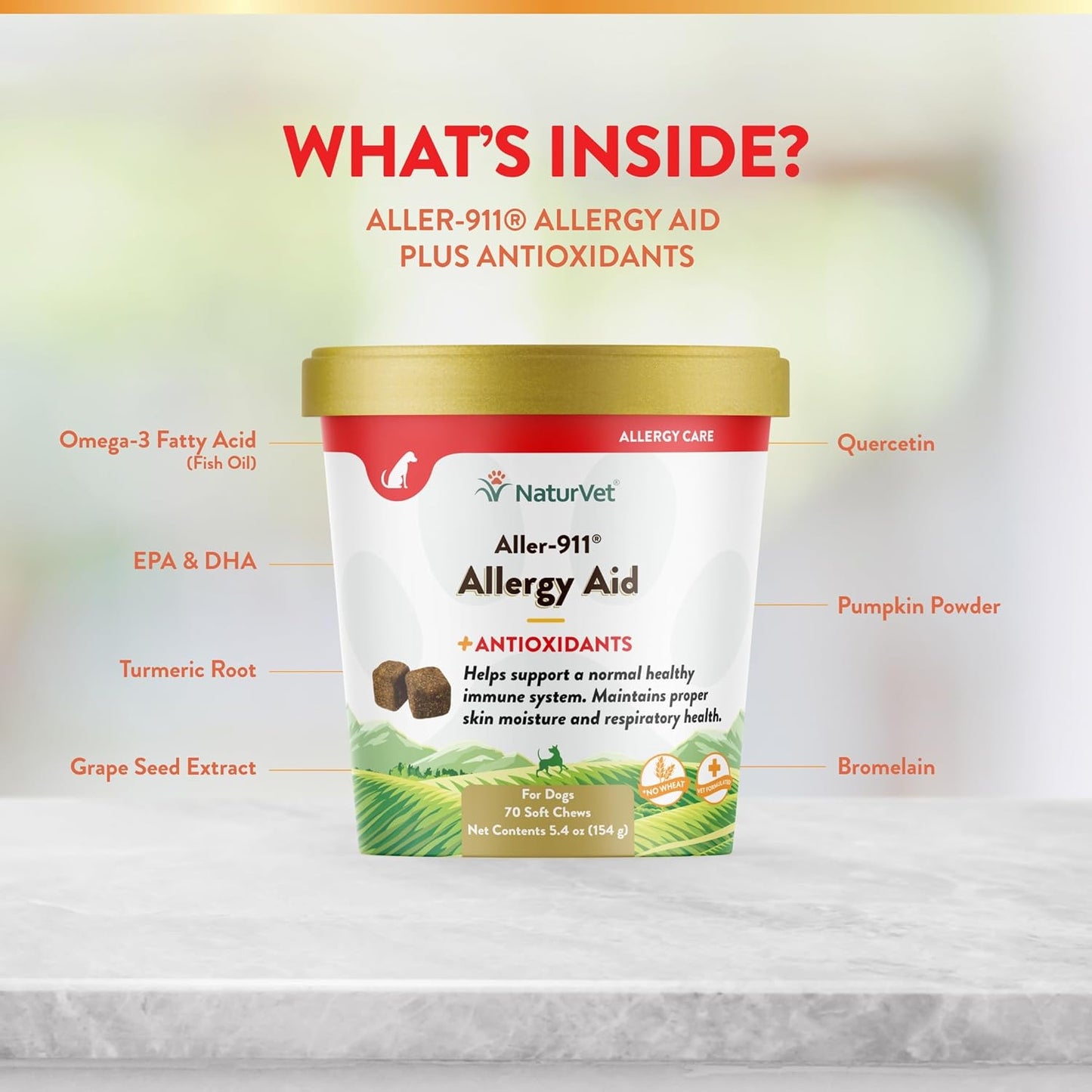 Pet Supplement for Allergies - NaturVet Aller-911 Advanced Formula with Omegas, DHA, EPA - Supports Immune System, Respiratory Health, Skin Moisture - 70 Soft Chews