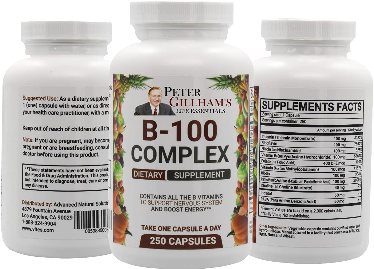 Peter Gillham's Life Essentials Balanced Vitamin B Complex 100mg - 250 Capsules for Energy and Metabolism. Complete B Vitamin Support Formula.
