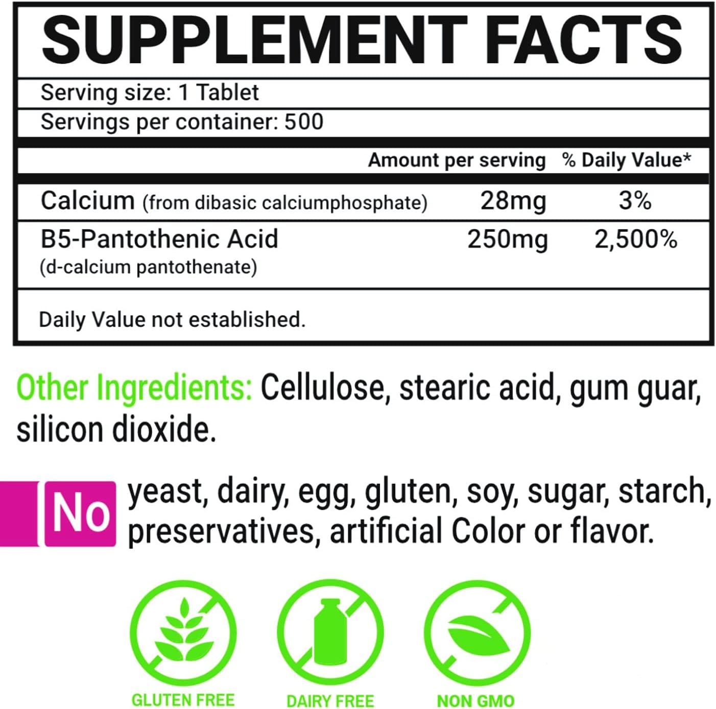 Peter's Choice B5 Pantothenic Acid 250mg Tablets - 500 Count Energy Support Supplement