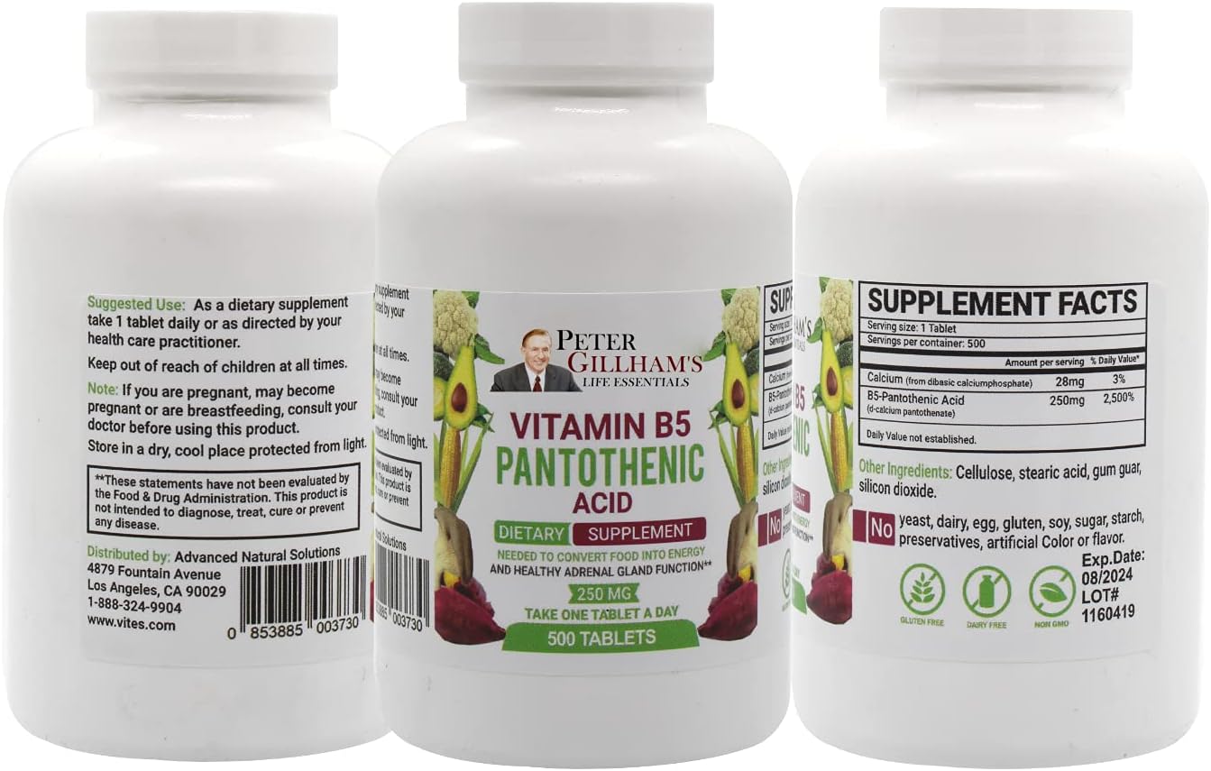 Peter's Choice B5 Pantothenic Acid 250mg Tablets - 500 Count Energy Support Supplement