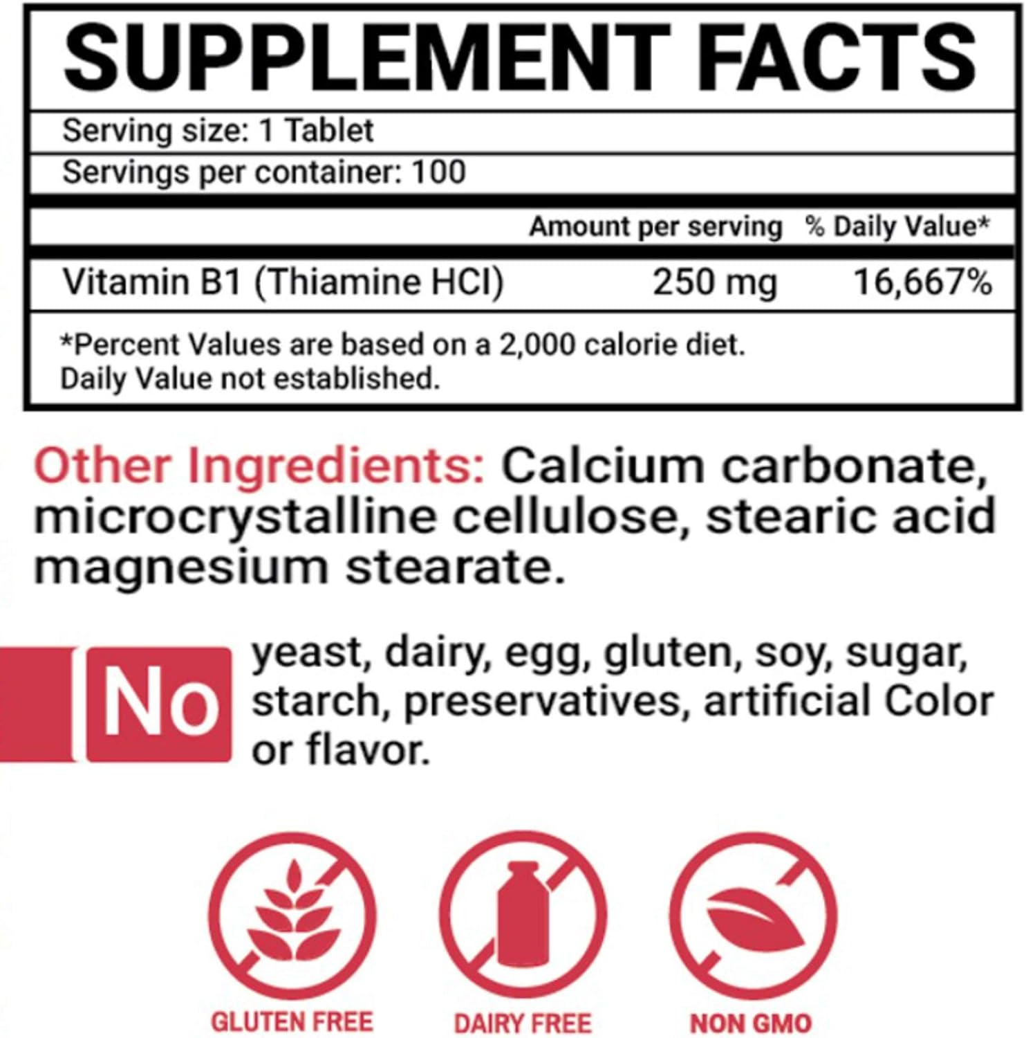 Peter's Choice Vitamin B1 250 mg Tablets - 100 Count Dietary Supplement