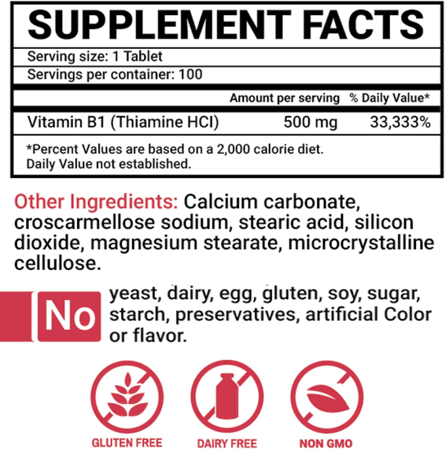 Peter's Choice Vitamin B1 500mg Tablets - 100 Count Dietary Supplement