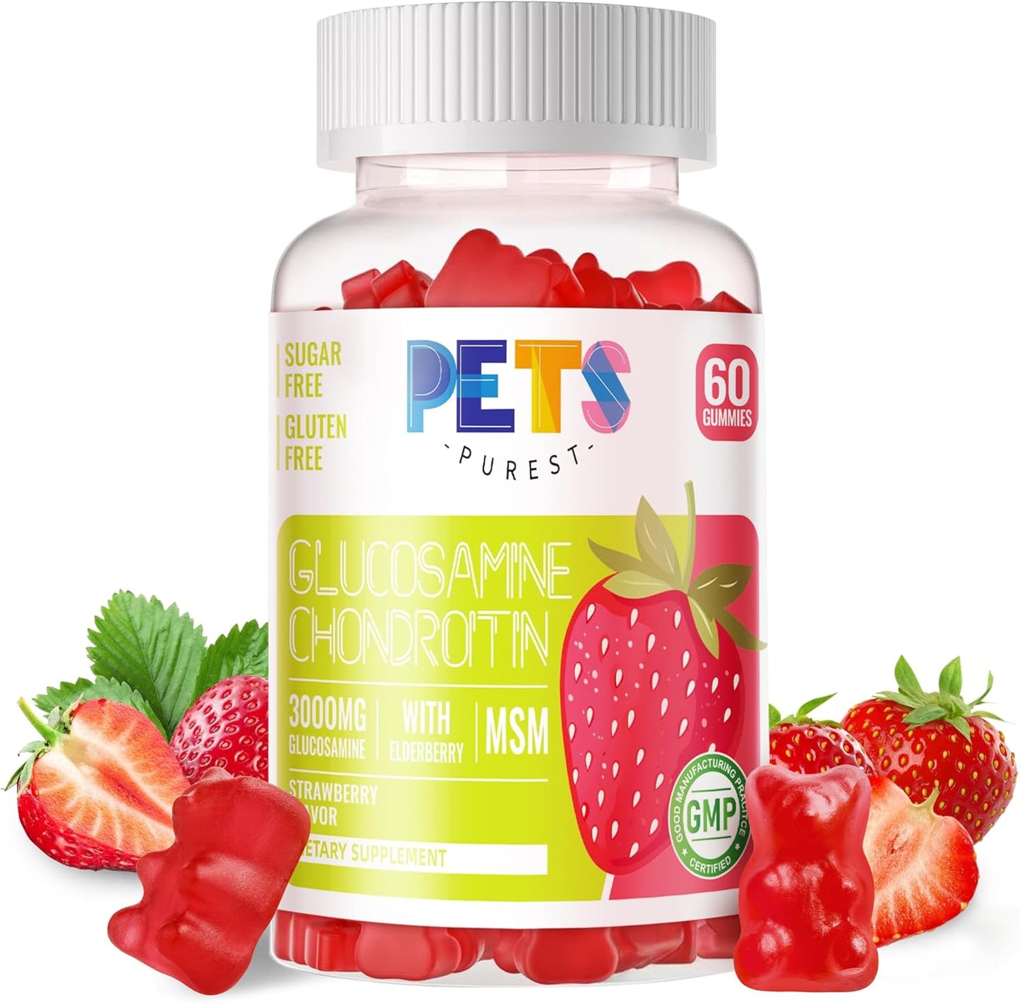 Pets Purest Extra Strength Glucosamine Chondroitin Gummies with MSM & Elderberry - Joint and Immune Support for Adults - Strawberry Flavor