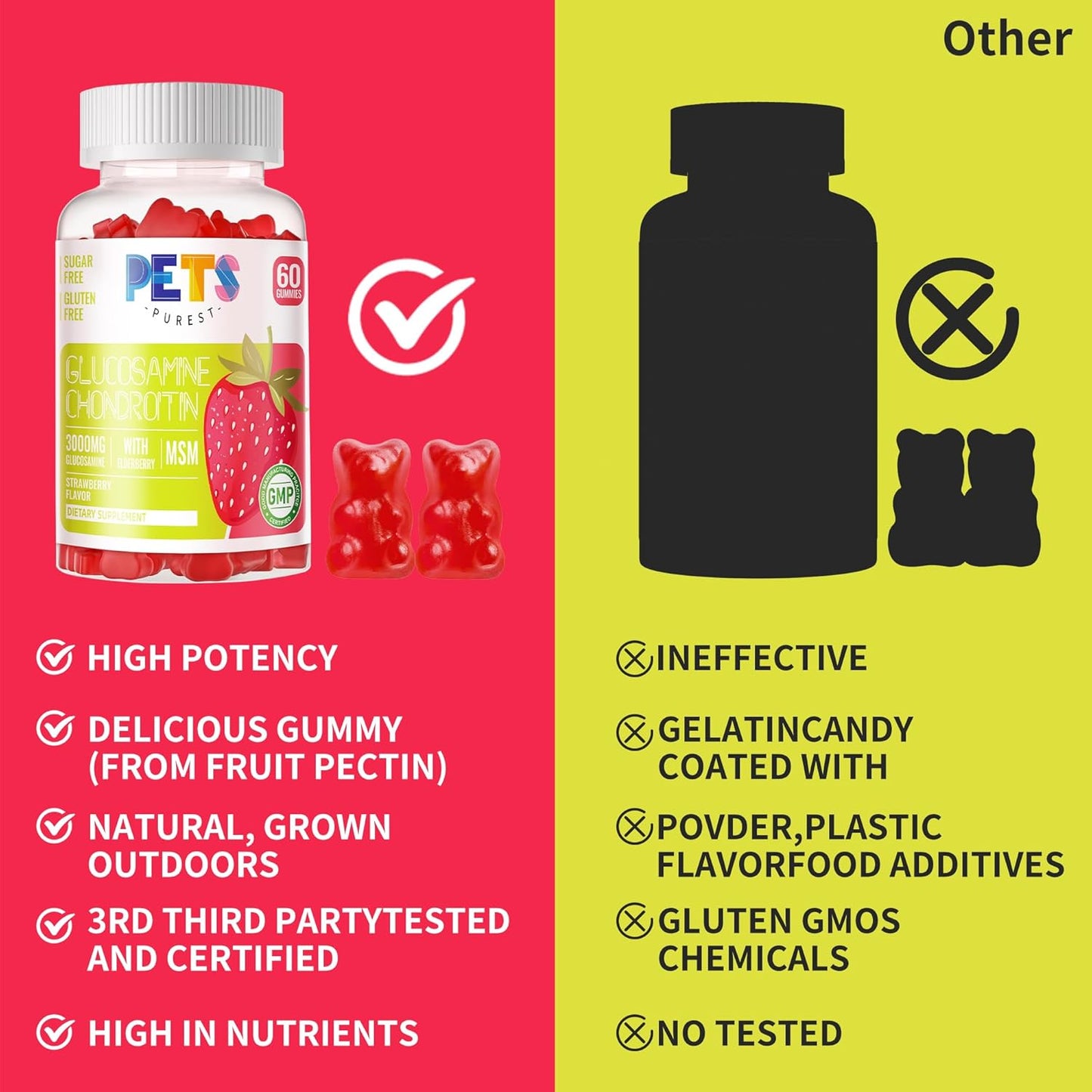 Pets Purest Glucosamine Chondroitin Gummies with MSM & Elderberry - Joint & Immune Support (2 Pack, Strawberry Flavor)