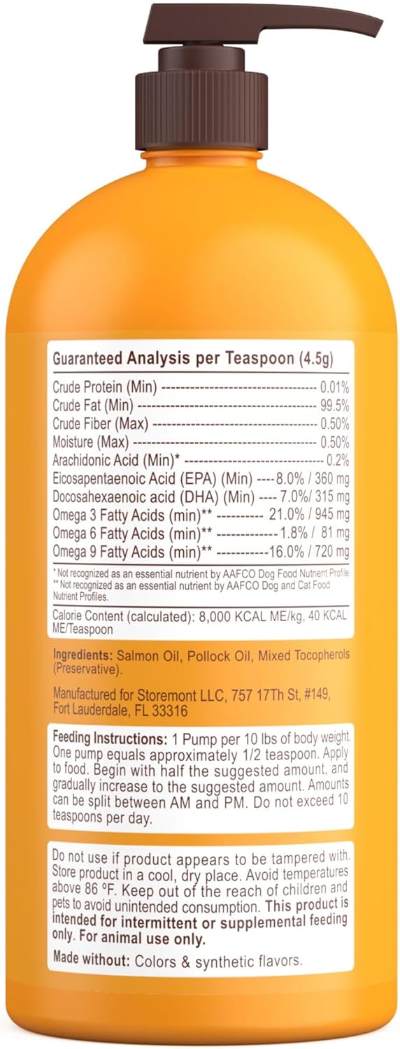 Petsmont Wild Alaskan Salmon Oil for Dogs and Cats 32 oz - Liquid Omega Supplement for Joint, Immune, and Heart Health - Natural EPA and DHA Fatty Acids